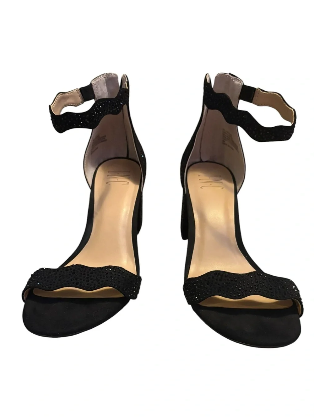 INC Hadwin Crystal Block Heel Sandals Size 8 Black Rhinestone Ankle Strap Party